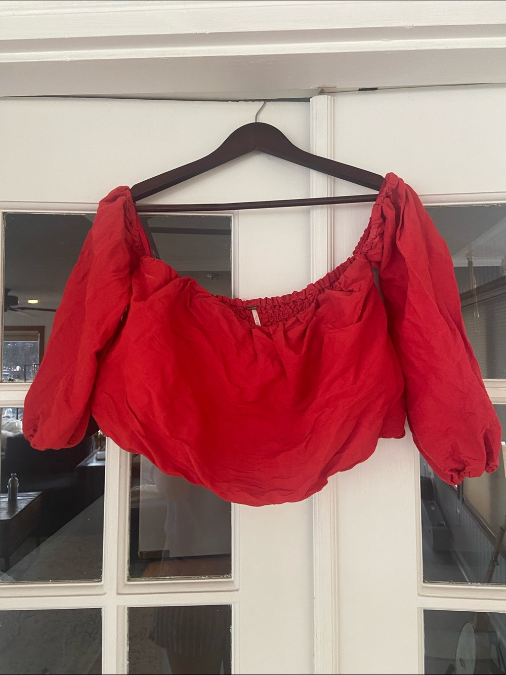 Free People Red Off-the-Shoulder Cropped 3/4 Sleeve Peasant Top